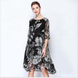 高檔精品,廠家正品2018夏裝新款大碼媽媽裝中長款桑蠶絲印花連衣裙時尚簡約真絲女裙